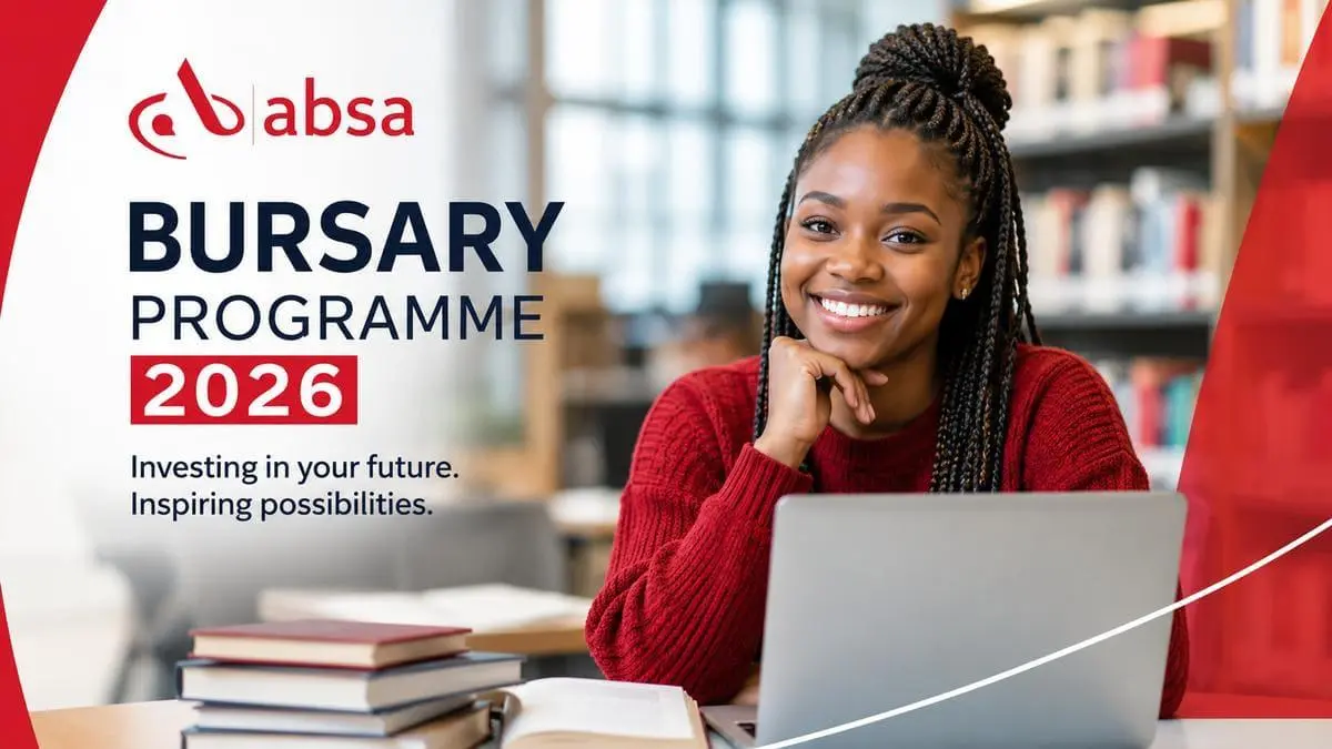 ABSA Bursary Programme 2026 application guide showing eligibility requirements, funded study fields, bursary benefits, and application process for South African students.