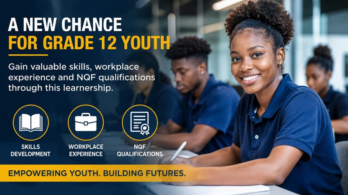 Grade 12 youth participating in a learnership programme that offers practical workplace experience, skills development, and NQF qualifications to improve employment opportunities in South Africa.