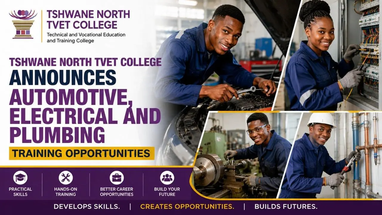Tshwane North TVET College students participating in automotive, electrical, and plumbing practical training opportunities for skills development and career preparation.