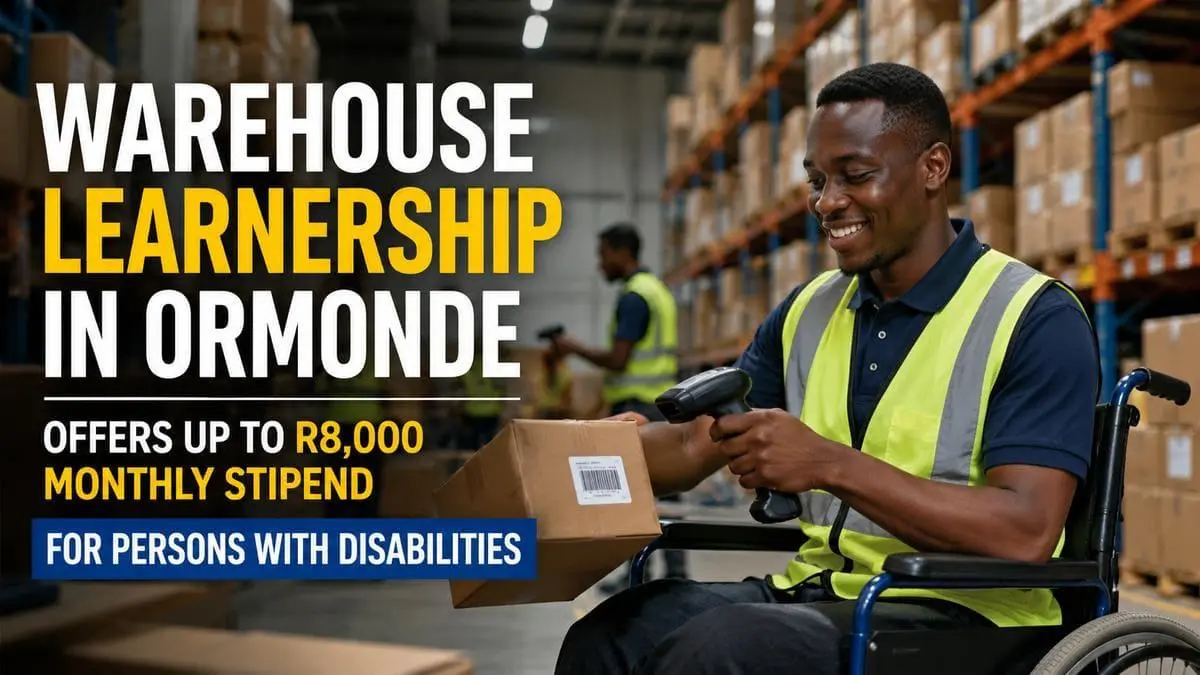 Warehouse Learnership in Ormonde Offers Up to R8,000 Monthly Stipend for Persons with Disabilities, featuring an inclusive warehouse workplace environment with logistics and inventory operations.