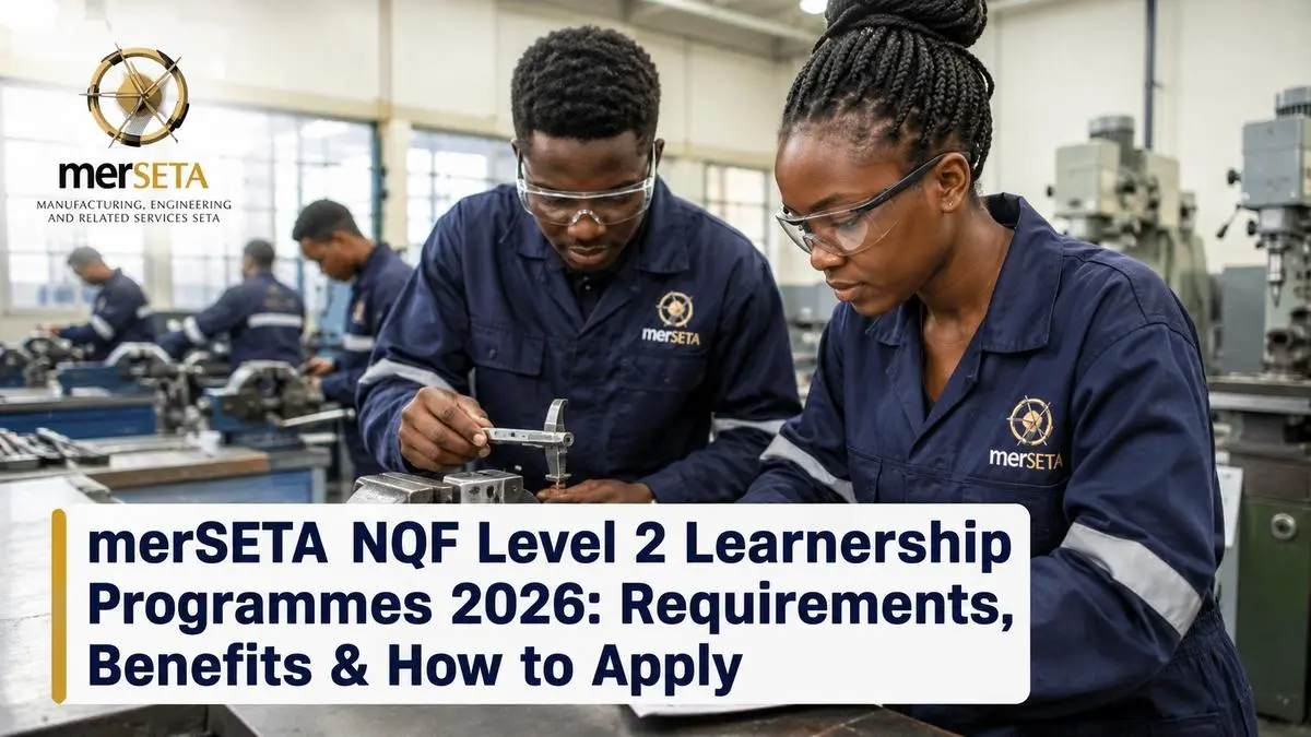 Young South African learners participating in the merSETA NQF Level 2 Learnership Programmes 2026 during practical skills training at a vocational education workshop.